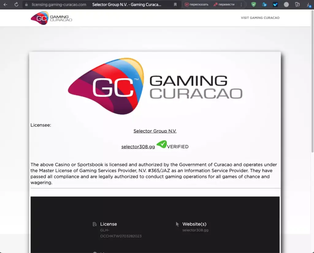 Лицензия казино Selector.gg